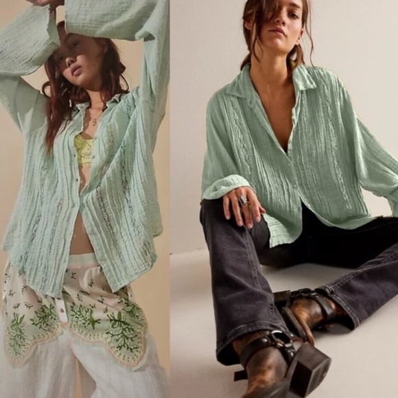 Free People FP ONE Mika light green button down shirt 37404 - Picture 1 of 12